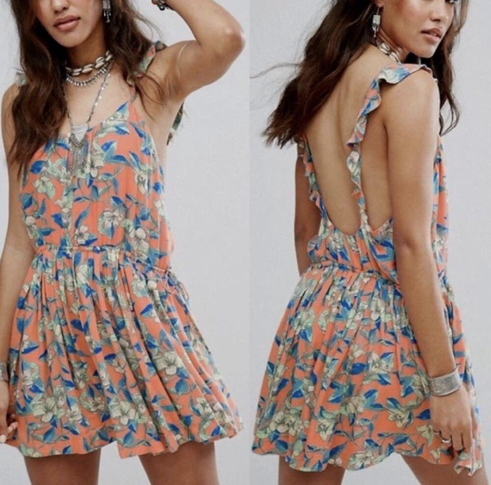 Free People Orange Women’s Medium Dear You Backless Mini Dress Boho Floral